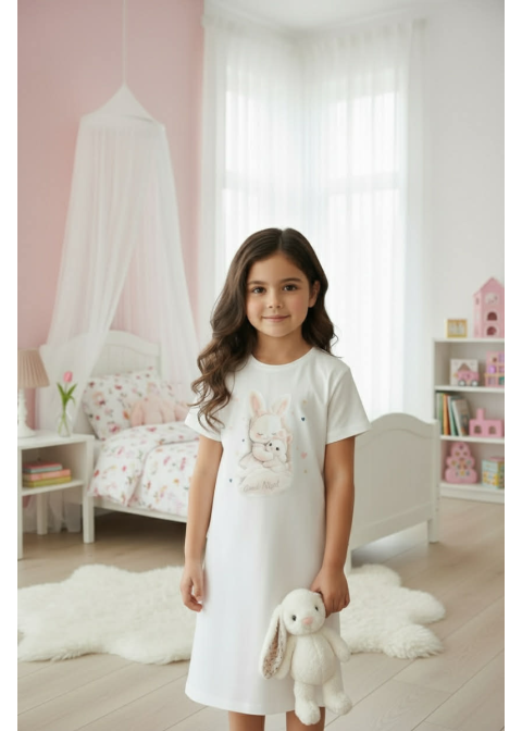 dziewczęca koszula nocna ecru z nadrukiem uroczego króliczka