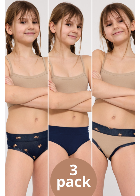 Zestaw trzech par dziewczęcych fig: granatowe, z nadrukiem misiów oraz beżowe z ozdobnym obszyciem, wykonane z bawełny z dodatkiem elastanu.