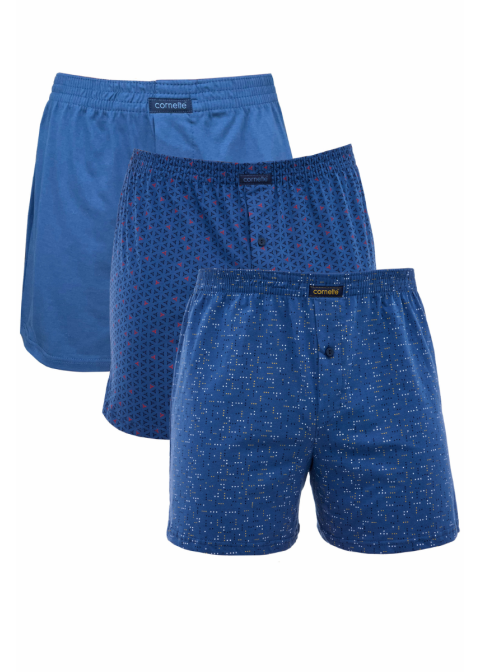 Zestaw 3 par bokserek męskich 100% bawełna – niebieskie z czerwonym akcentem, ciemniejsze ze złotym i jednolite jeansowe, komfortowe i luźne