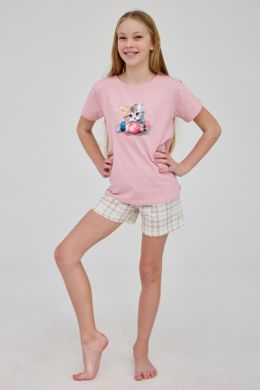 piżama dziewczęca różowa koszulka z kotkiem spodenki w kratkę 100% bawełna