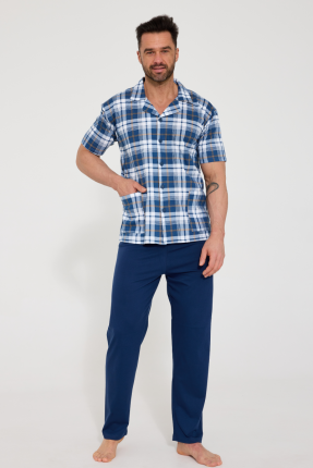 męska piżama w niebieską kratę z granatowymi spodniami bawełniana klasyczna