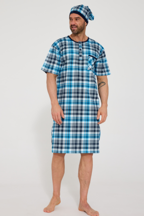 męska koszula nocna jasnoniebieska w kratę z krótkim rękawem bawełniana