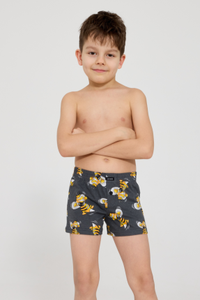 Grafitowe luźne bokserki chłopięce z nadrukiem śmiesznych szerszeni, wykonane z bawełny, z elastyczną gumą w pasie.